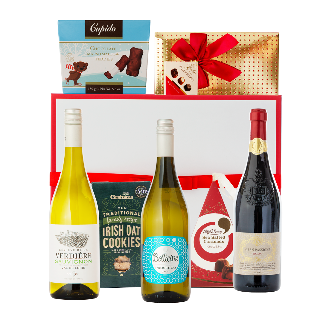 Mother’s Day Wine Hamper – Prosecco, Red & White Wine with Chocolates & Biscuits