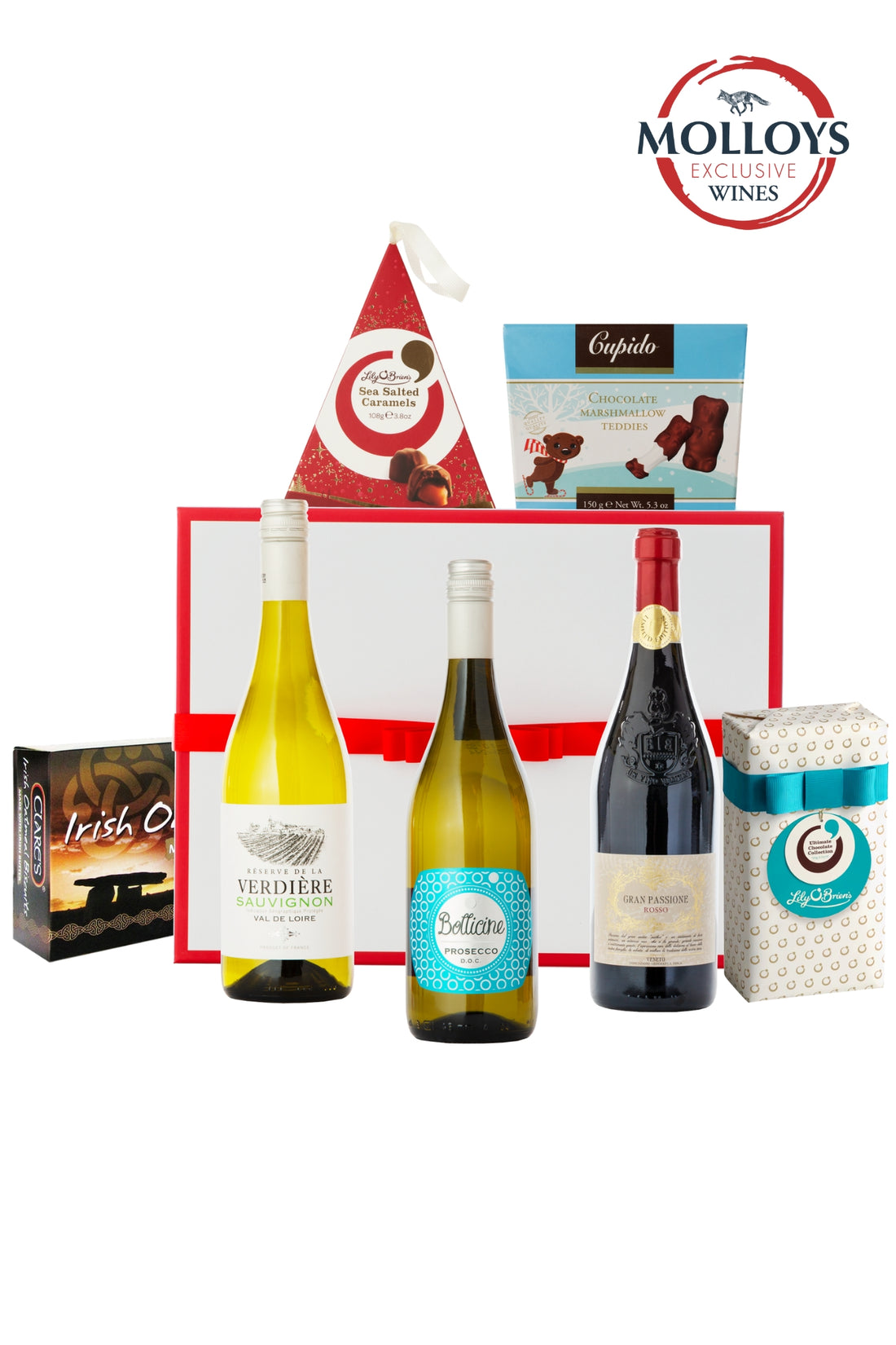 Mahogany Wine Hamper – Prosecco, Red &amp; White Wine with Chocolates &amp; Biscuits - Pre-Order